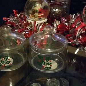 2 Christmas Candy dishes with removable Lids glass